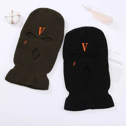 All-Match Letter V Embroidered Knitted Hat Face Mask 3 Holes Balaclava Ear for Winter Outdoor Activities H7EF