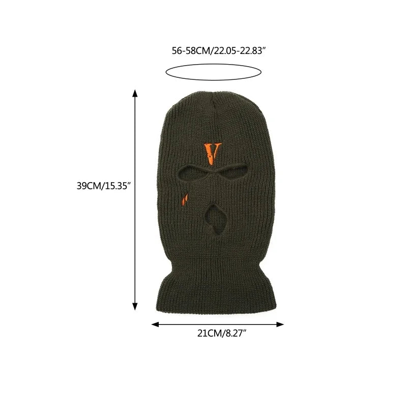 All-Match Letter V Embroidered Knitted Hat Face Mask 3 Holes Balaclava Ear for Winter Outdoor Activities H7EF