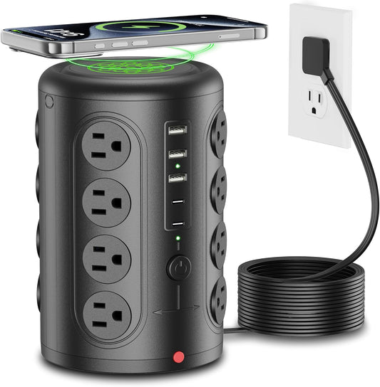 Power Strip Tower,  16 Outlets and 5 USB Ports (2 USB-C), 2000 Joules Charging Station, 6FT Flat Plug Extension Cord for Home Office Dorm Room Essentials, Black