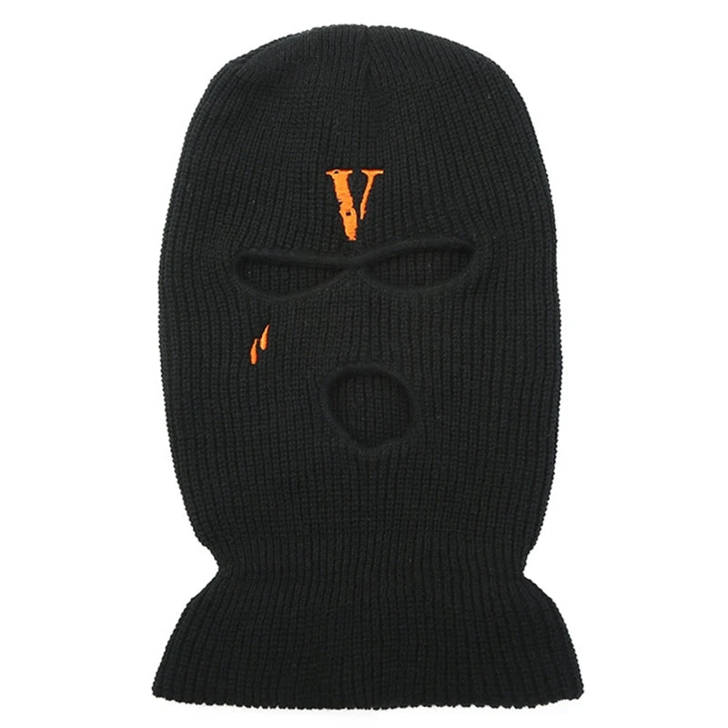 All-Match Letter V Embroidered Knitted Hat Face Mask 3 Holes Balaclava Ear for Winter Outdoor Activities H7EF
