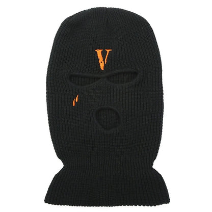 All-Match Letter V Embroidered Knitted Hat Face Mask 3 Holes Balaclava Ear for Winter Outdoor Activities H7EF