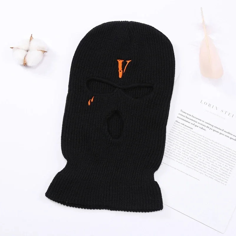 All-Match Letter V Embroidered Knitted Hat Face Mask 3 Holes Balaclava Ear for Winter Outdoor Activities H7EF