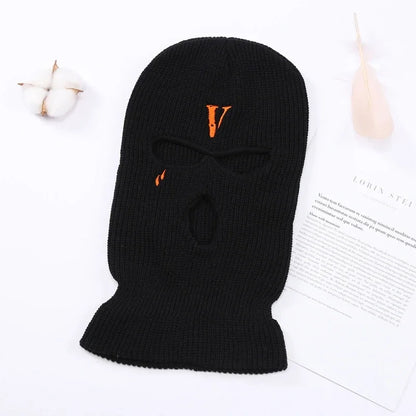 All-Match Letter V Embroidered Knitted Hat Face Mask 3 Holes Balaclava Ear for Winter Outdoor Activities H7EF