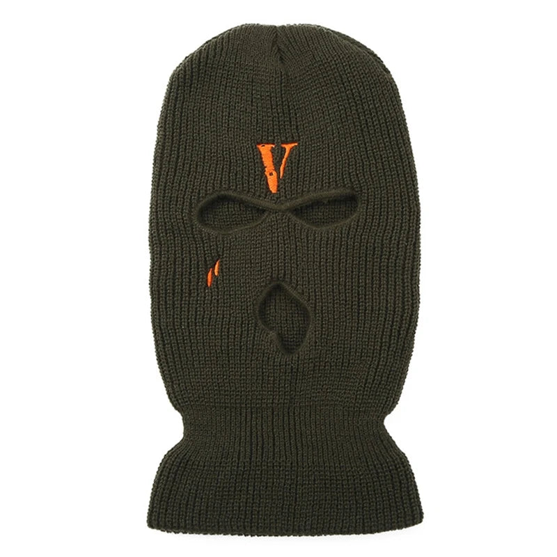 All-Match Letter V Embroidered Knitted Hat Face Mask 3 Holes Balaclava Ear for Winter Outdoor Activities H7EF