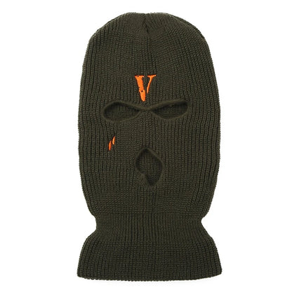 All-Match Letter V Embroidered Knitted Hat Face Mask 3 Holes Balaclava Ear for Winter Outdoor Activities H7EF