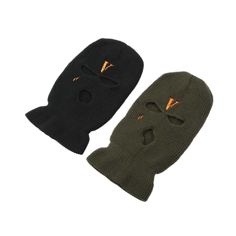 All-Match Letter V Embroidered Knitted Hat Face Mask 3 Holes Balaclava Ear for Winter Outdoor Activities H7EF