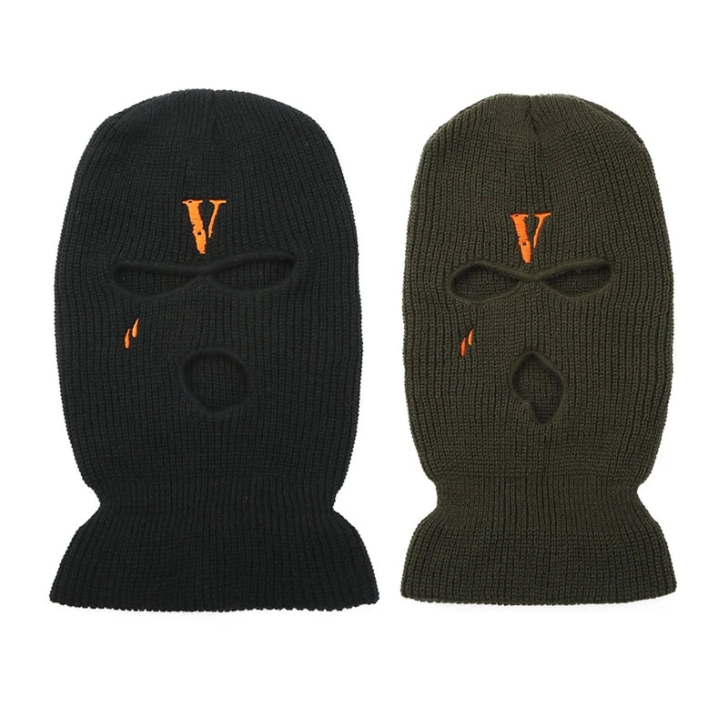 All-Match Letter V Embroidered Knitted Hat Face Mask 3 Holes Balaclava Ear for Winter Outdoor Activities H7EF