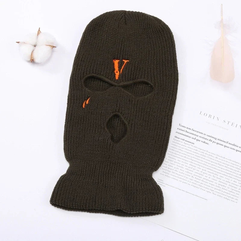 All-Match Letter V Embroidered Knitted Hat Face Mask 3 Holes Balaclava Ear for Winter Outdoor Activities H7EF