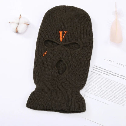 All-Match Letter V Embroidered Knitted Hat Face Mask 3 Holes Balaclava Ear for Winter Outdoor Activities H7EF